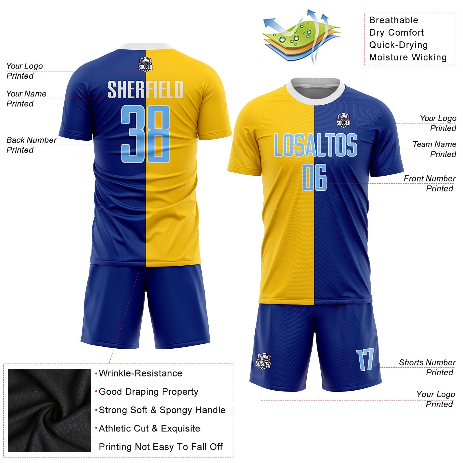 Custom Royal Light Blue-Gold Sublimation Split Fashion Soccer Uniform Jersey view 3