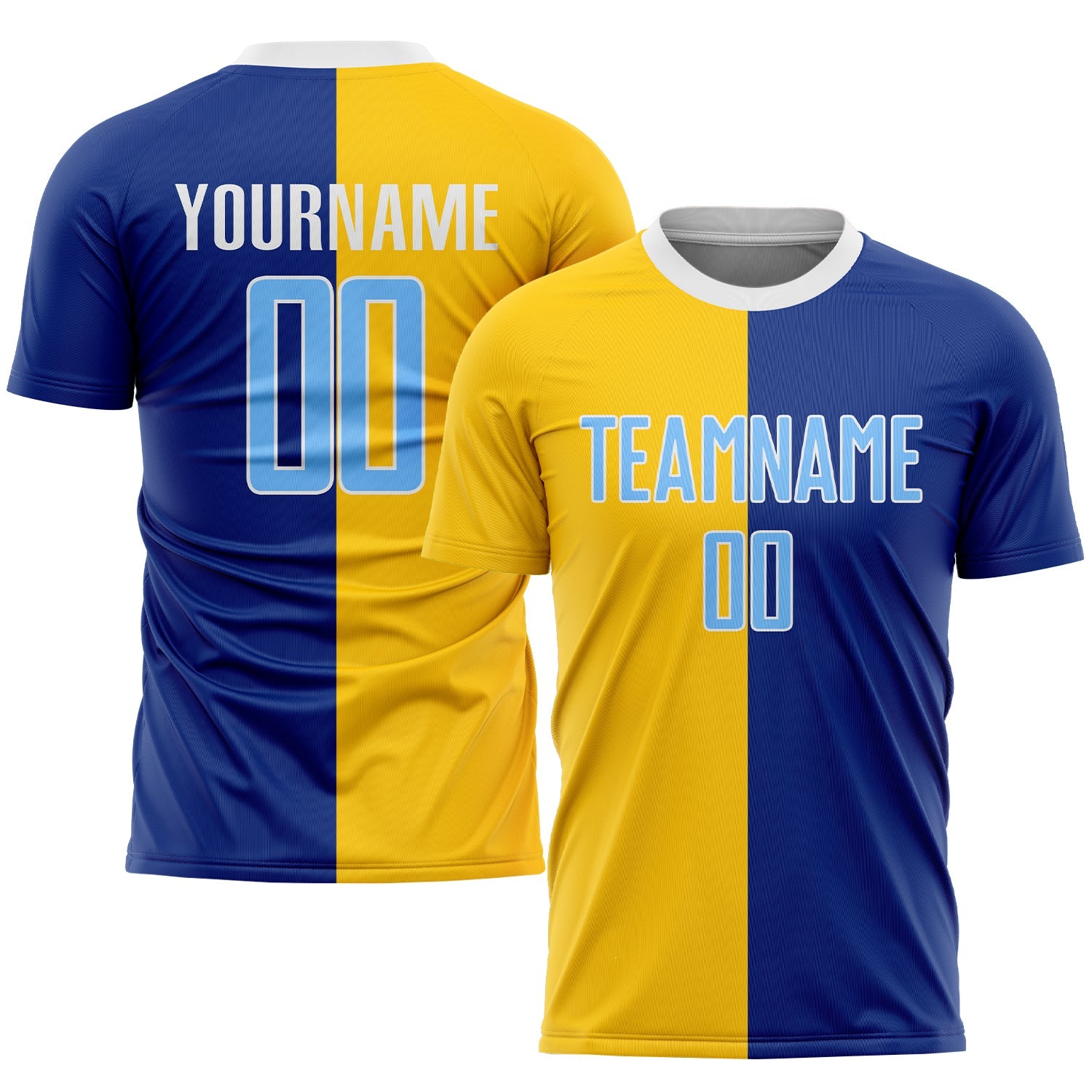 Custom Royal Light Blue-Gold Sublimation Split Fashion Soccer Uniform Jersey - Main View