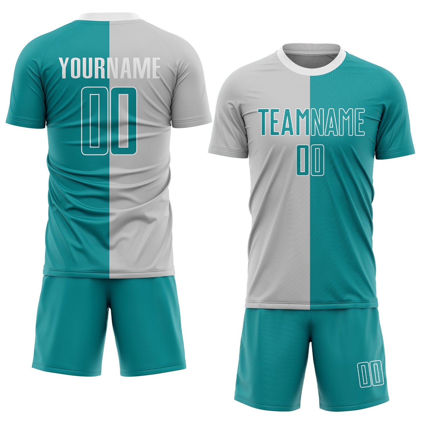 Custom Gray Teal-White Sublimation Split Fashion Soccer Uniform Jersey view 2