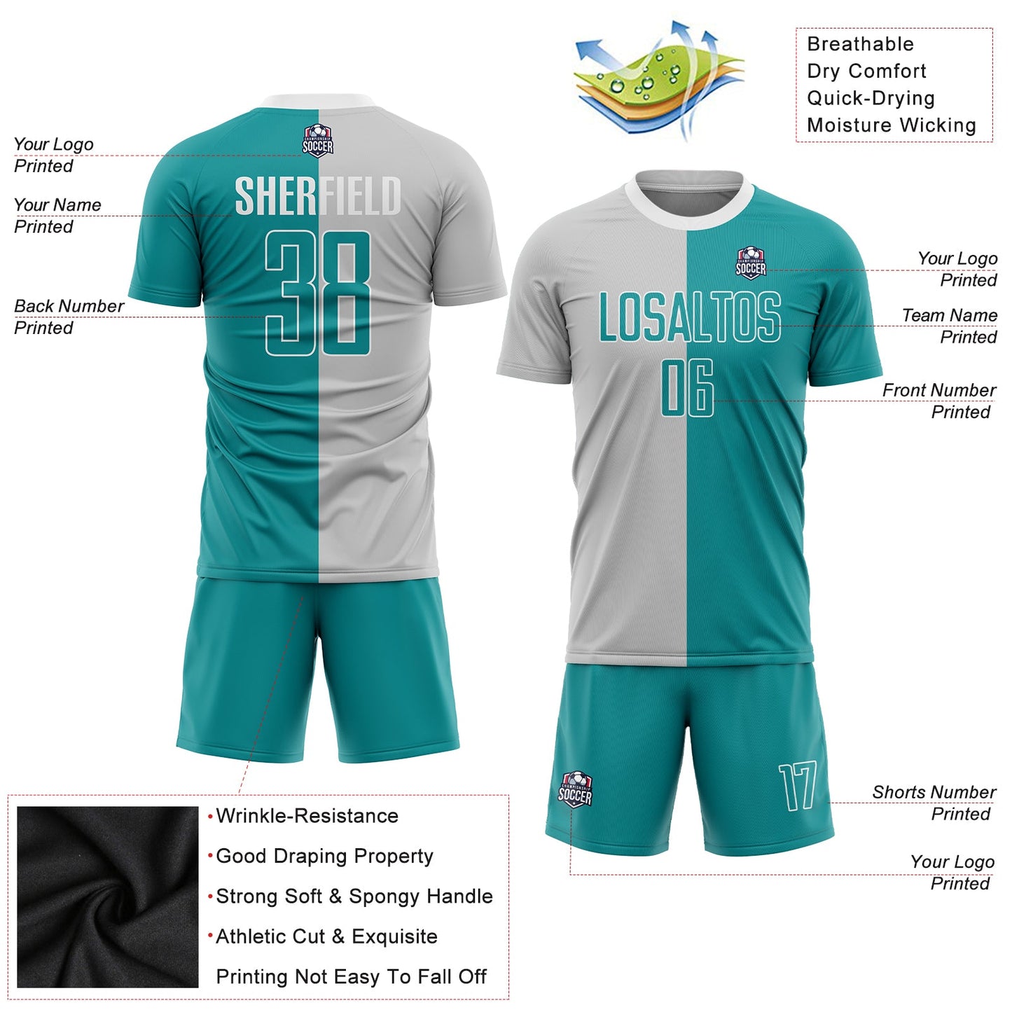 Custom Gray Teal-White Sublimation Split Fashion Soccer Uniform Jersey view 3