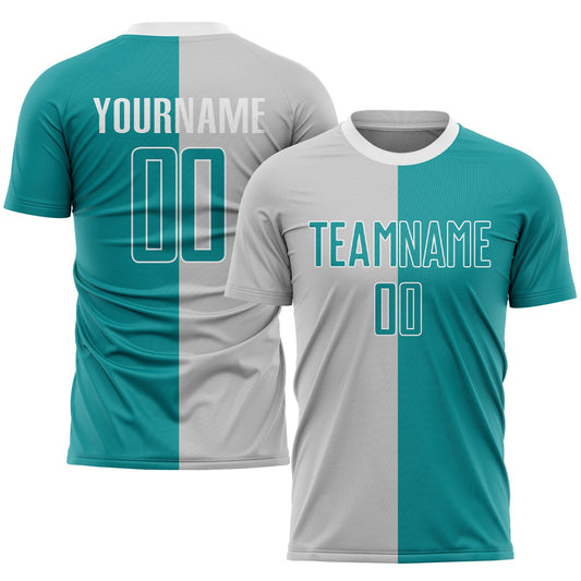 Custom Gray Teal-White Sublimation Split Fashion Soccer Uniform Jersey - Main View