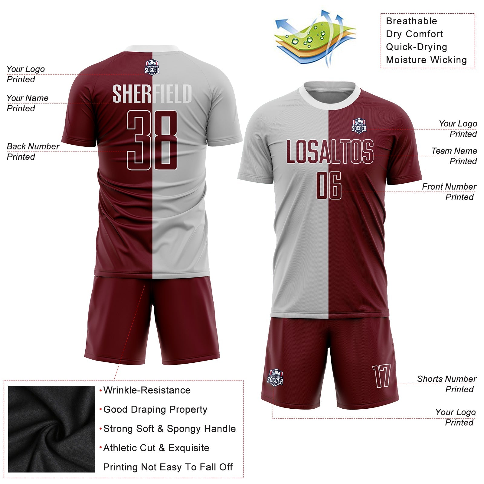 Custom Gray Crimson-White Sublimation Split Fashion Soccer Uniform Jersey view 3