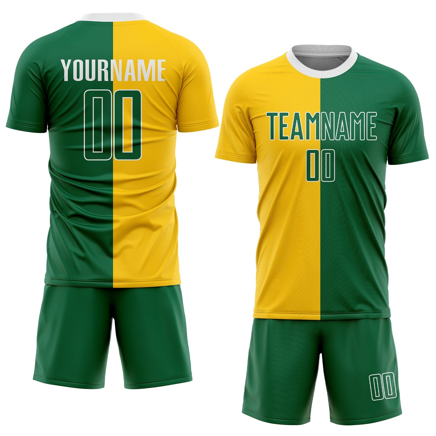 Custom Gold Kelly Green-White Sublimation Split Fashion Soccer Uniform Jersey view 2