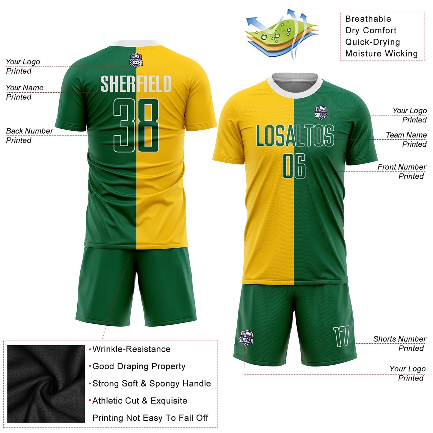 Custom Gold Kelly Green-White Sublimation Split Fashion Soccer Uniform Jersey view 3
