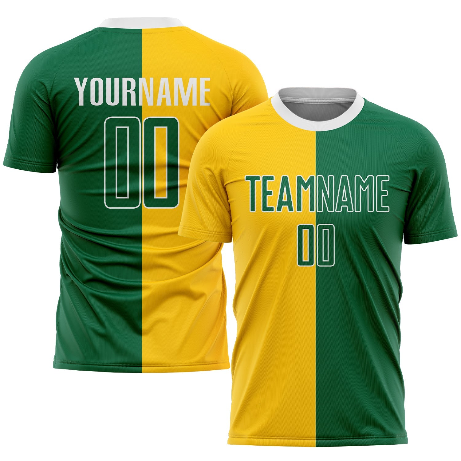 Custom Gold Kelly Green-White Sublimation Split Fashion Soccer Uniform Jersey - Main View