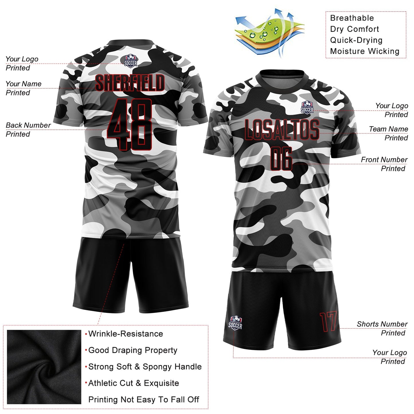 Custom Camo Black-Red Sublimation Salute To Service Soccer Uniform Jersey view 3