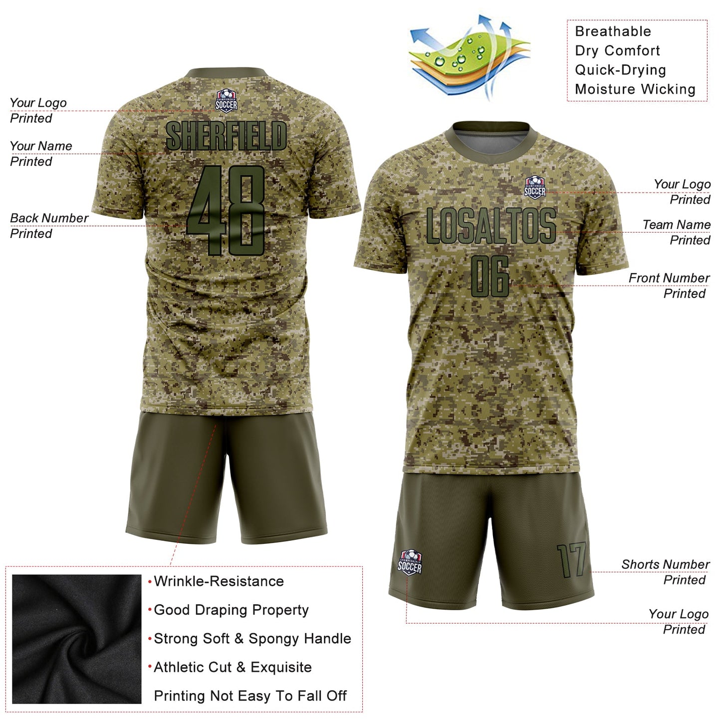 Custom Camo Olive-Black Sublimation Salute To Service Soccer Uniform Jersey view 3