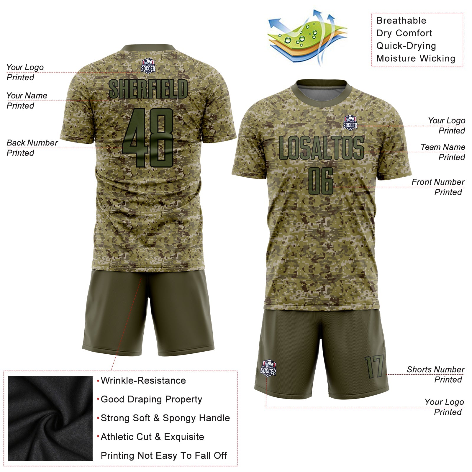 Custom Camo Olive-Black Sublimation Salute To Service Soccer Uniform Jersey view 3