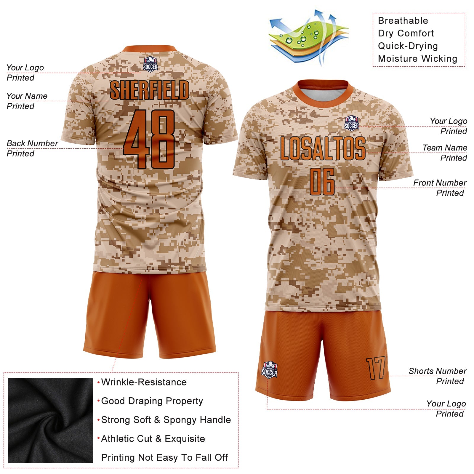 Custom Camo Texas Orange-Brown Sublimation Salute To Service Soccer Uniform Jersey view 3