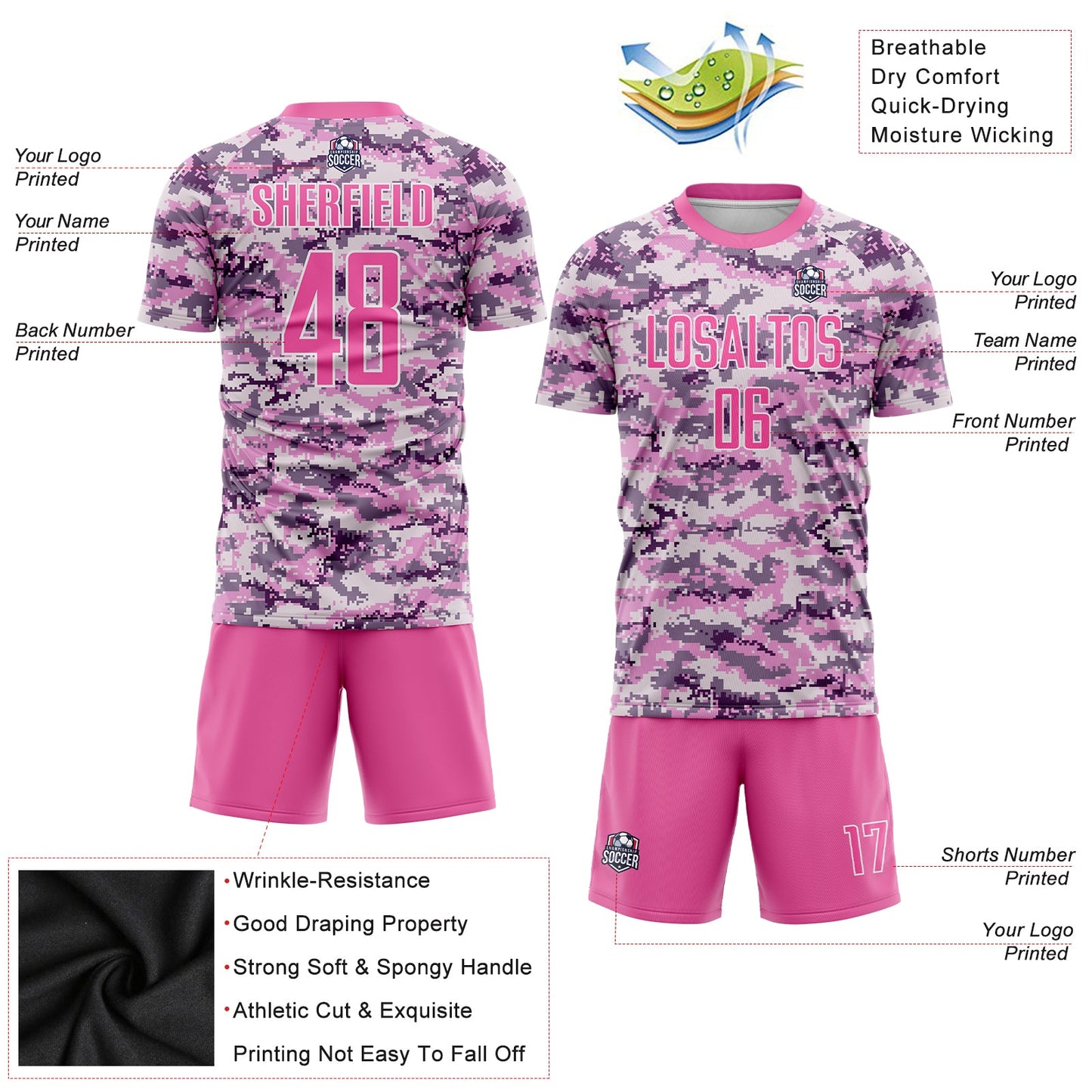 Custom Camo Pink-White Sublimation Salute To Service Soccer Uniform Jersey view 3