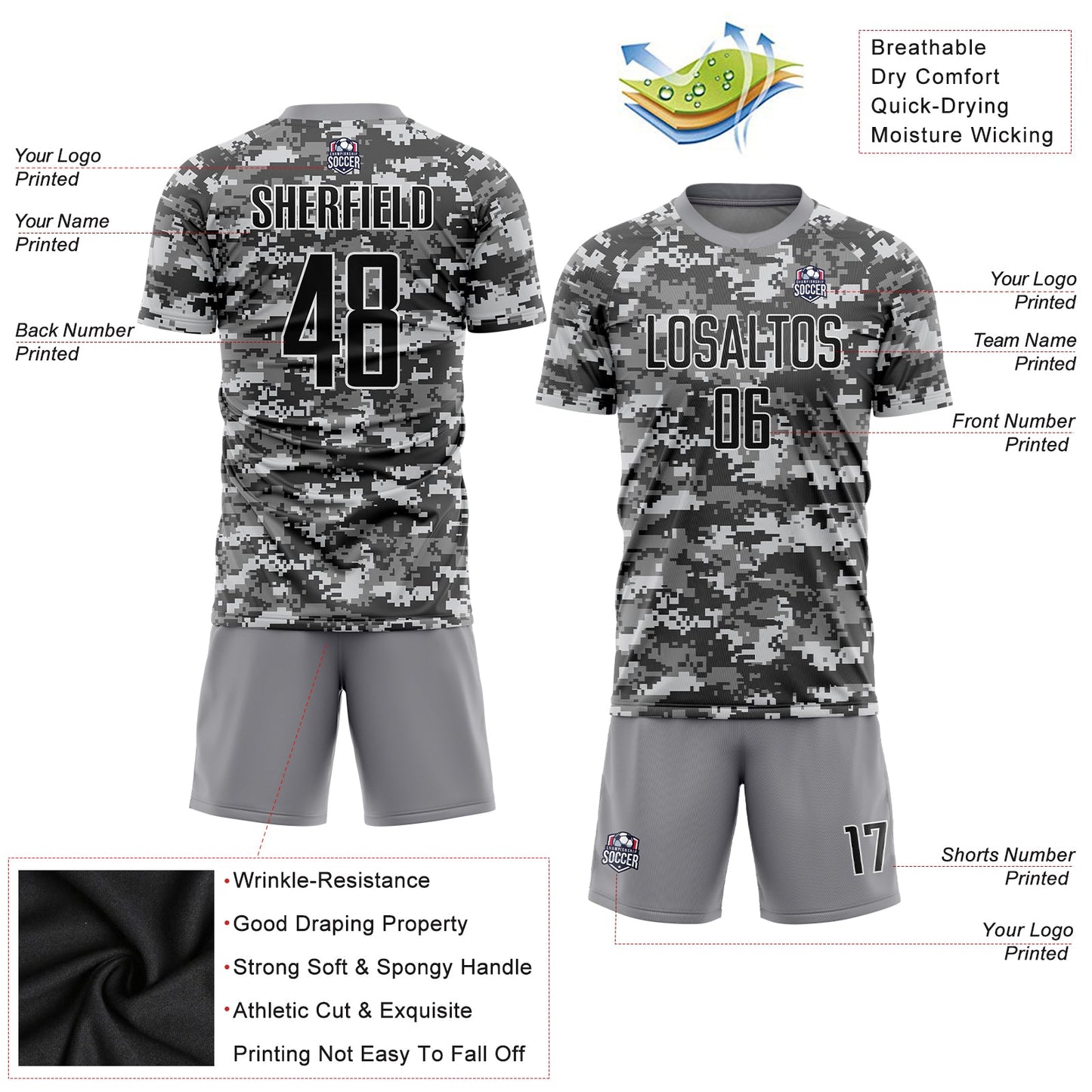 Custom Camo Black-Gray Sublimation Salute To Service Soccer Uniform Jersey view 5