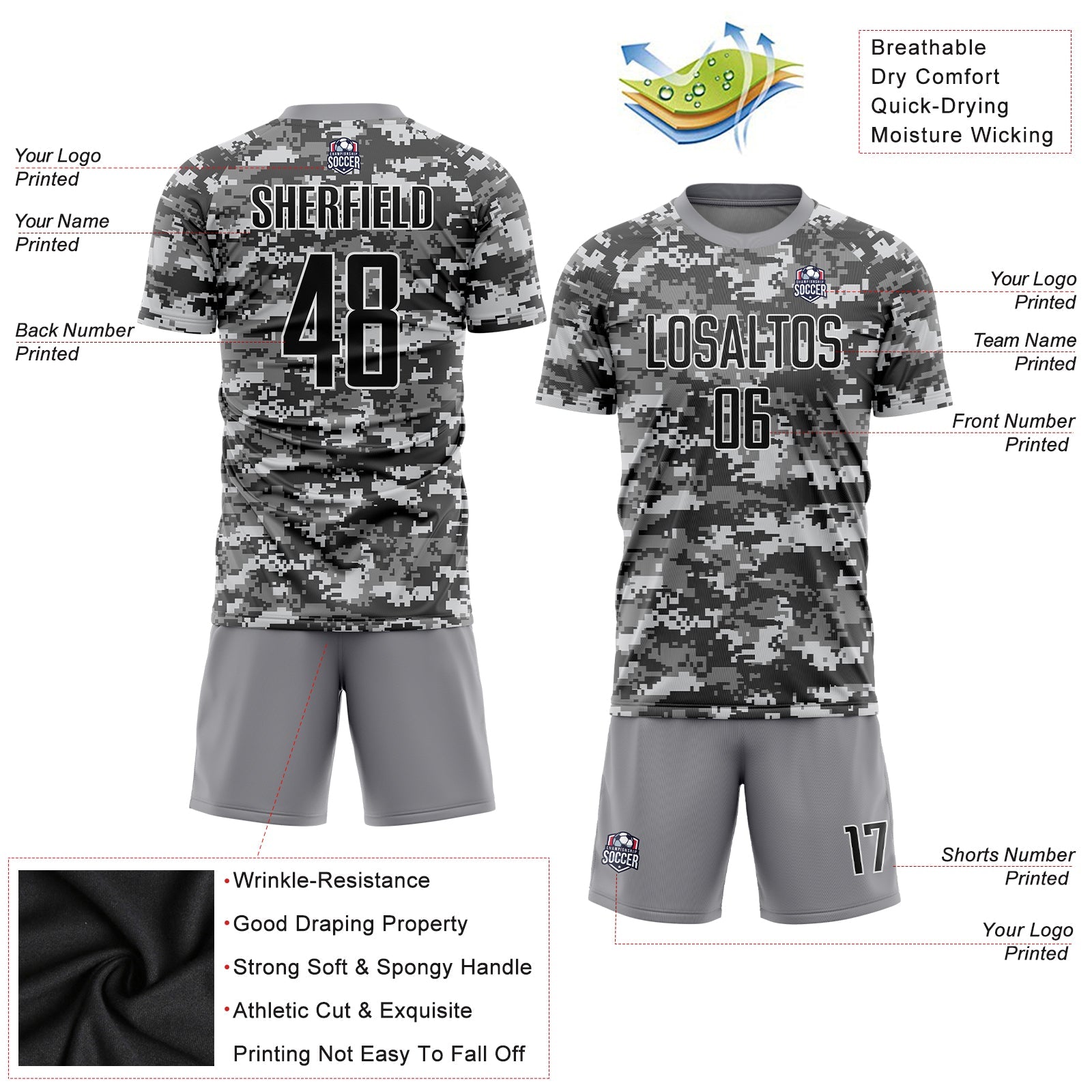 Custom Camo Black-Gray Sublimation Salute To Service Soccer Uniform Jersey view 5