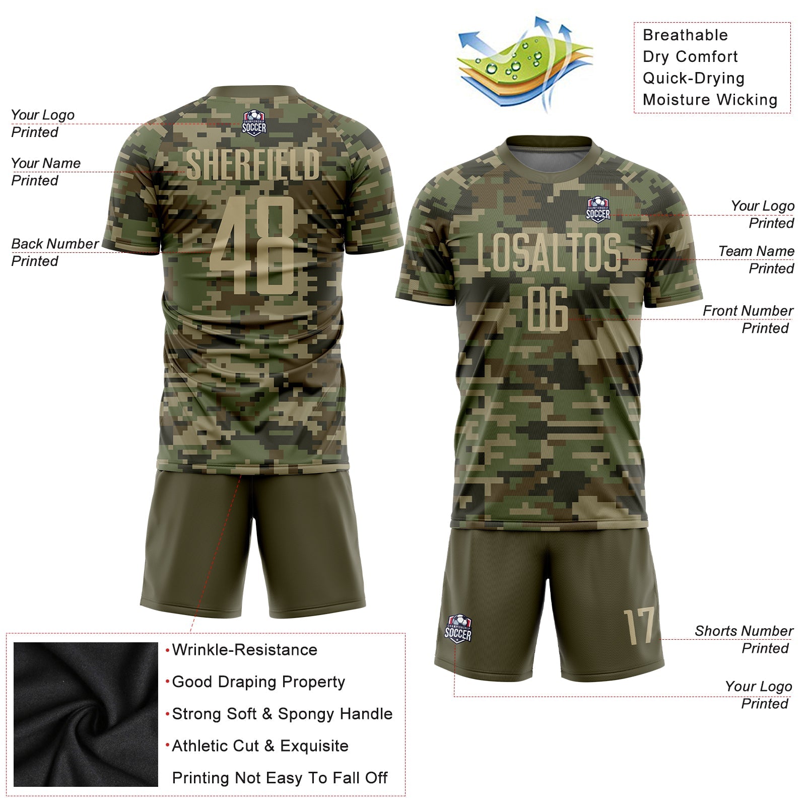 Custom Camo Vegas Gold-Olive Sublimation Salute To Service Soccer Uniform Jersey view 5