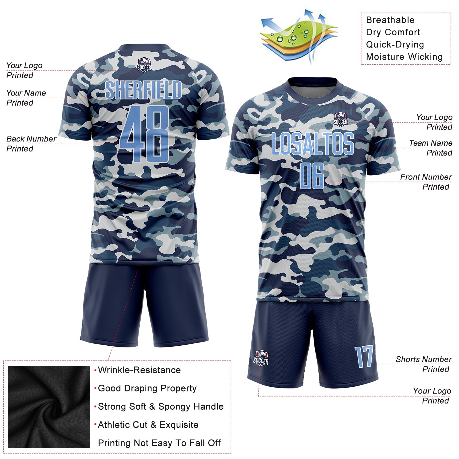 Custom Camo Light Blue-Royal Sublimation Salute To Service Soccer Uniform Jersey view 5