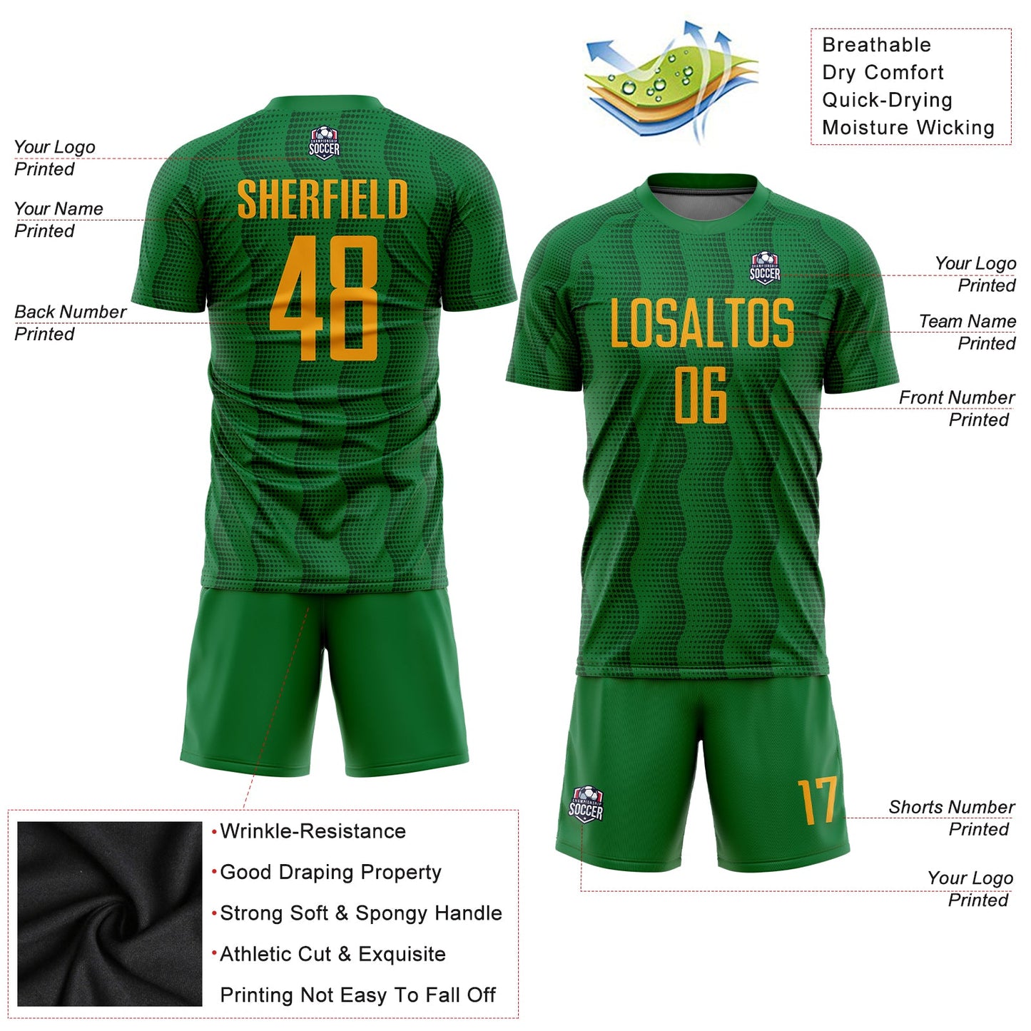 Custom Kelly Green Gold Sublimation Soccer Uniform Jersey view 5