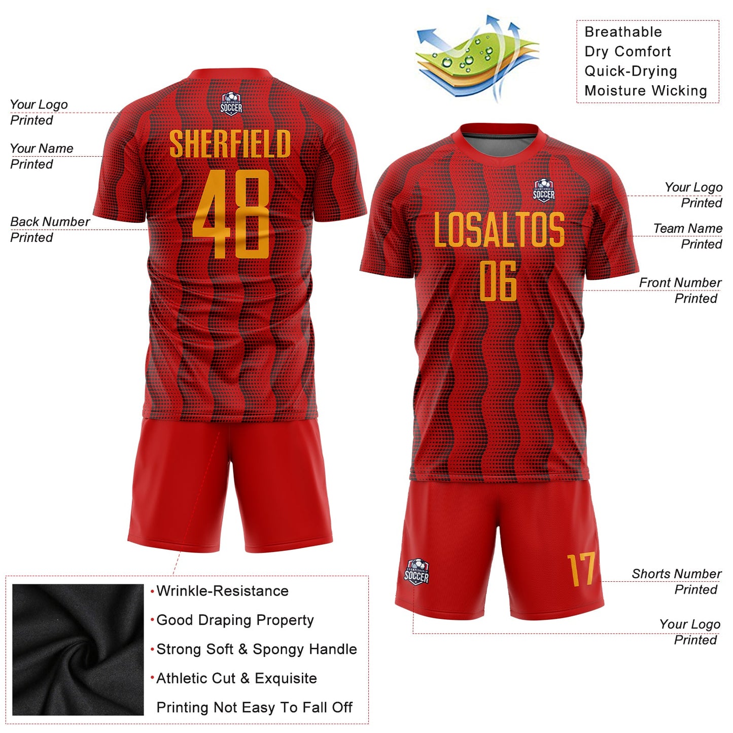 Custom Red Gold Sublimation Soccer Uniform Jersey view 3