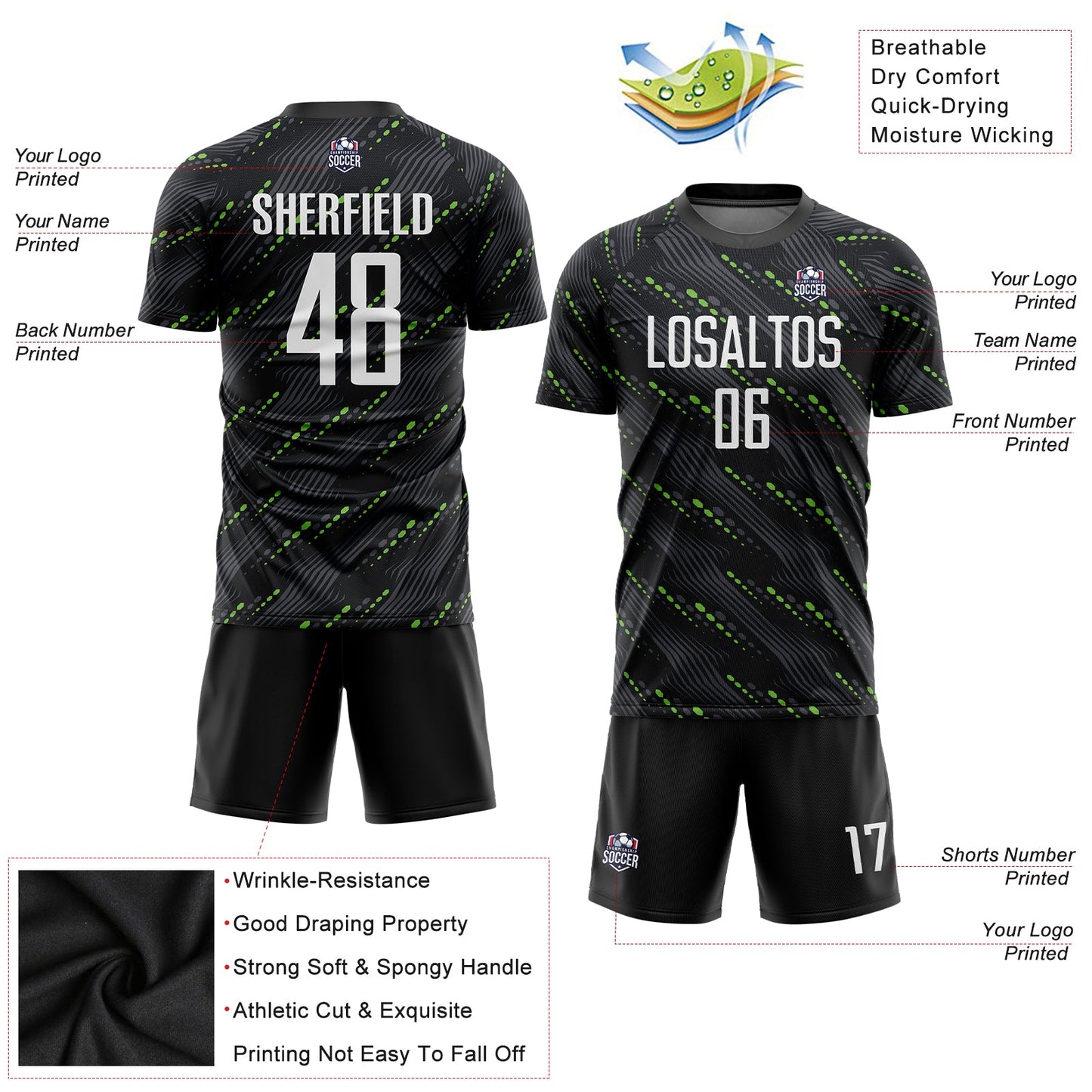 Custom Black White-Kelly Green Sublimation Soccer Uniform Jersey view 5