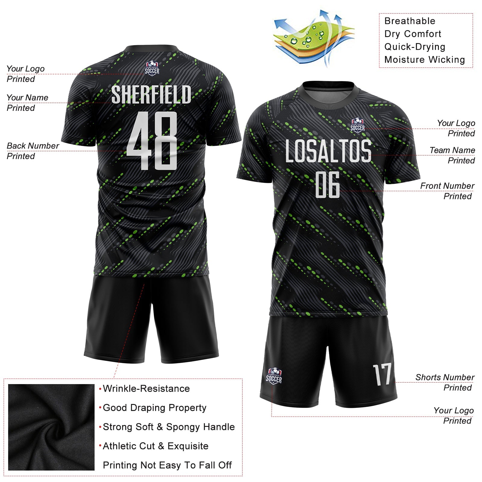 Custom Black White-Kelly Green Sublimation Soccer Uniform Jersey view 5