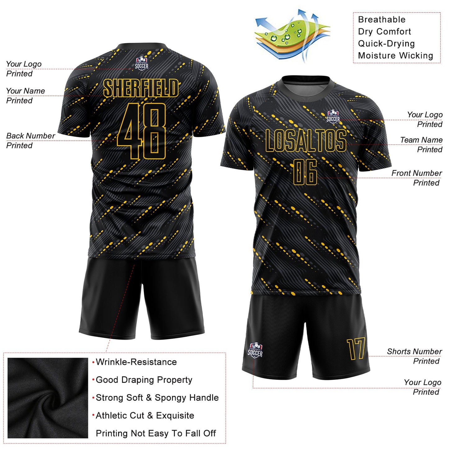 Custom Black Black-Gold Sublimation Soccer Uniform Jersey view 5