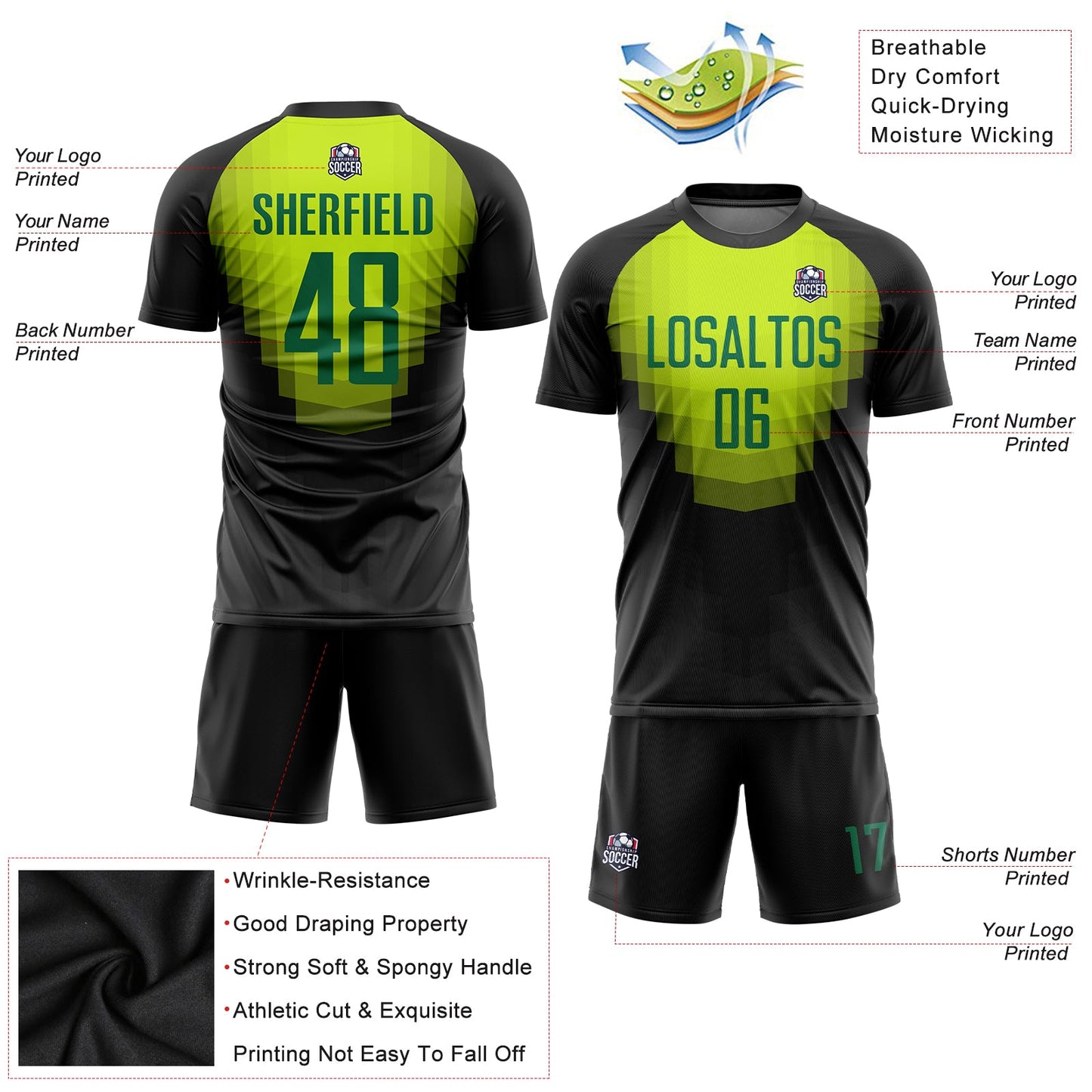 Custom Black Kelly Green Sublimation Soccer Uniform Jersey view 3