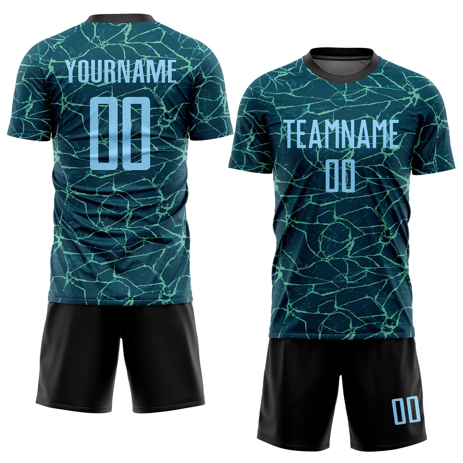 Custom Teal Light Blue-Black Sublimation Soccer Uniform Jersey view 2