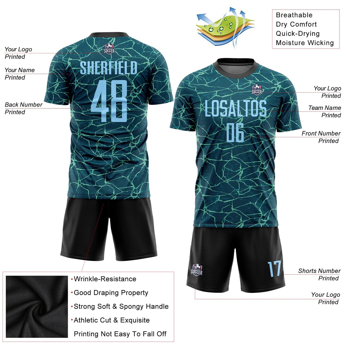 Custom Teal Light Blue-Black Sublimation Soccer Uniform Jersey view 3