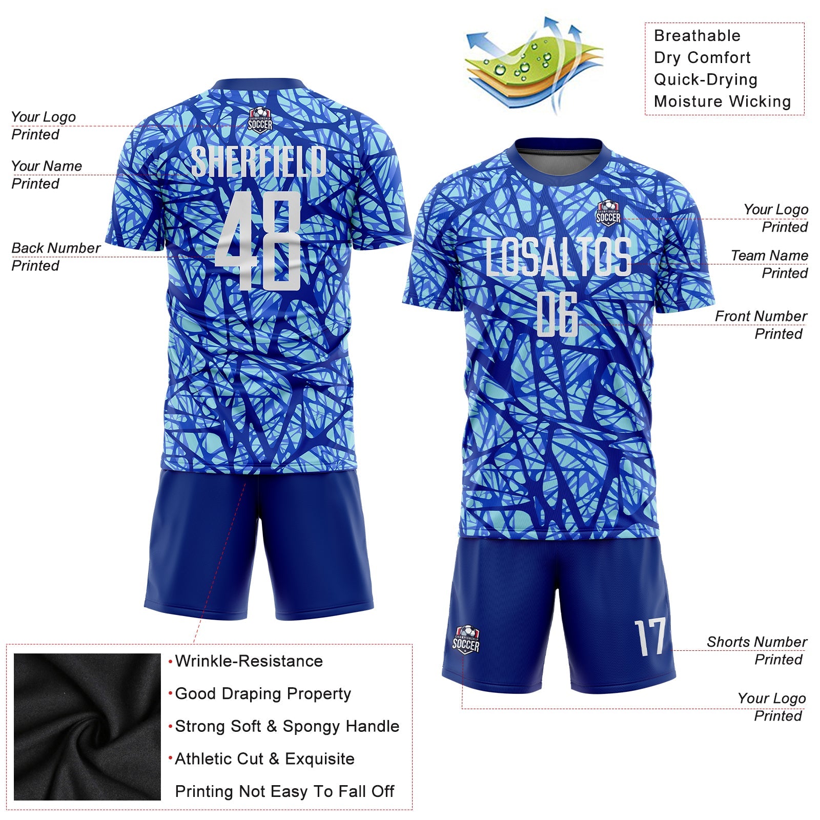 Custom Royal White-Light Blue Sublimation Soccer Uniform Jersey view 3