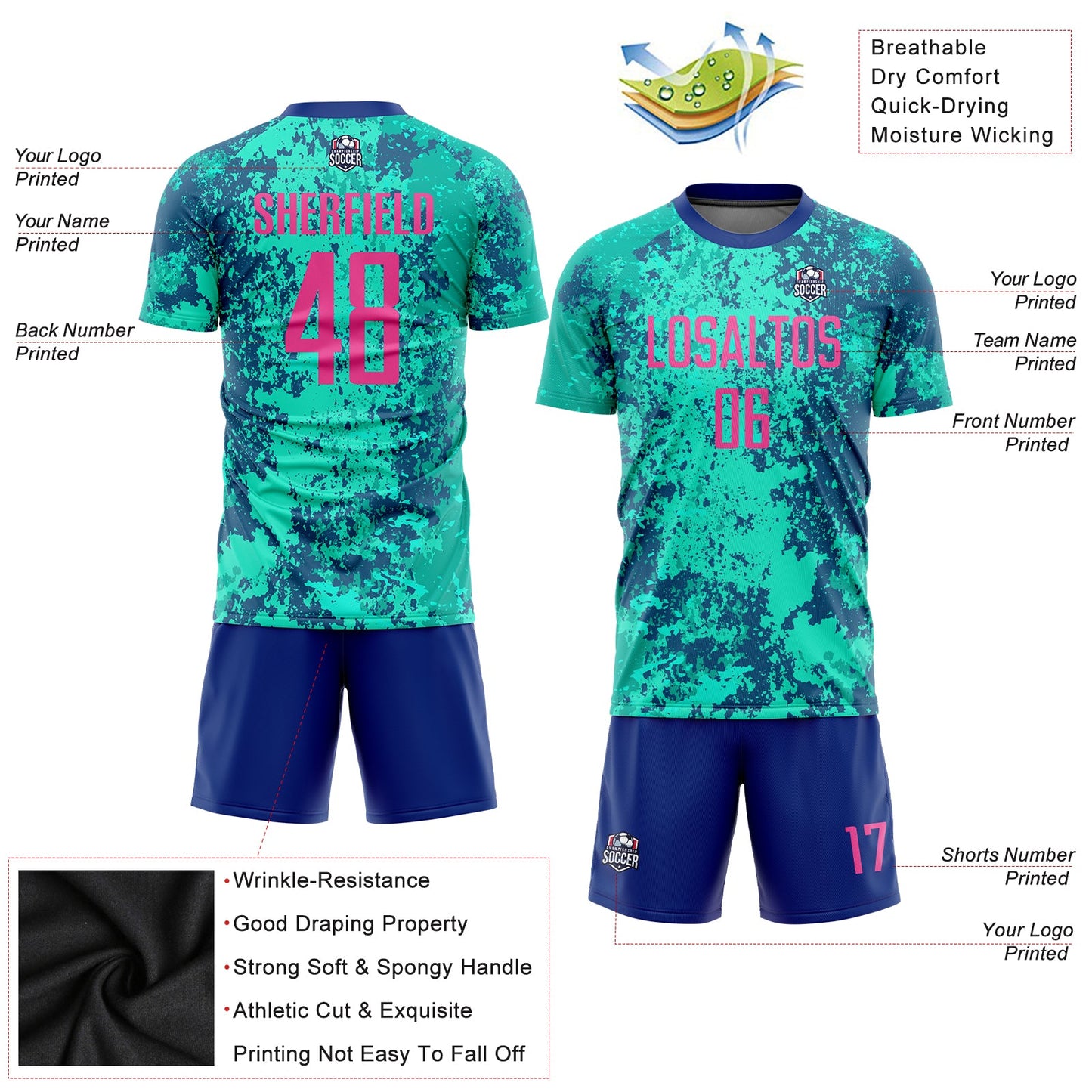 Custom Teal Pink-Royal Sublimation Soccer Uniform Jersey view 5