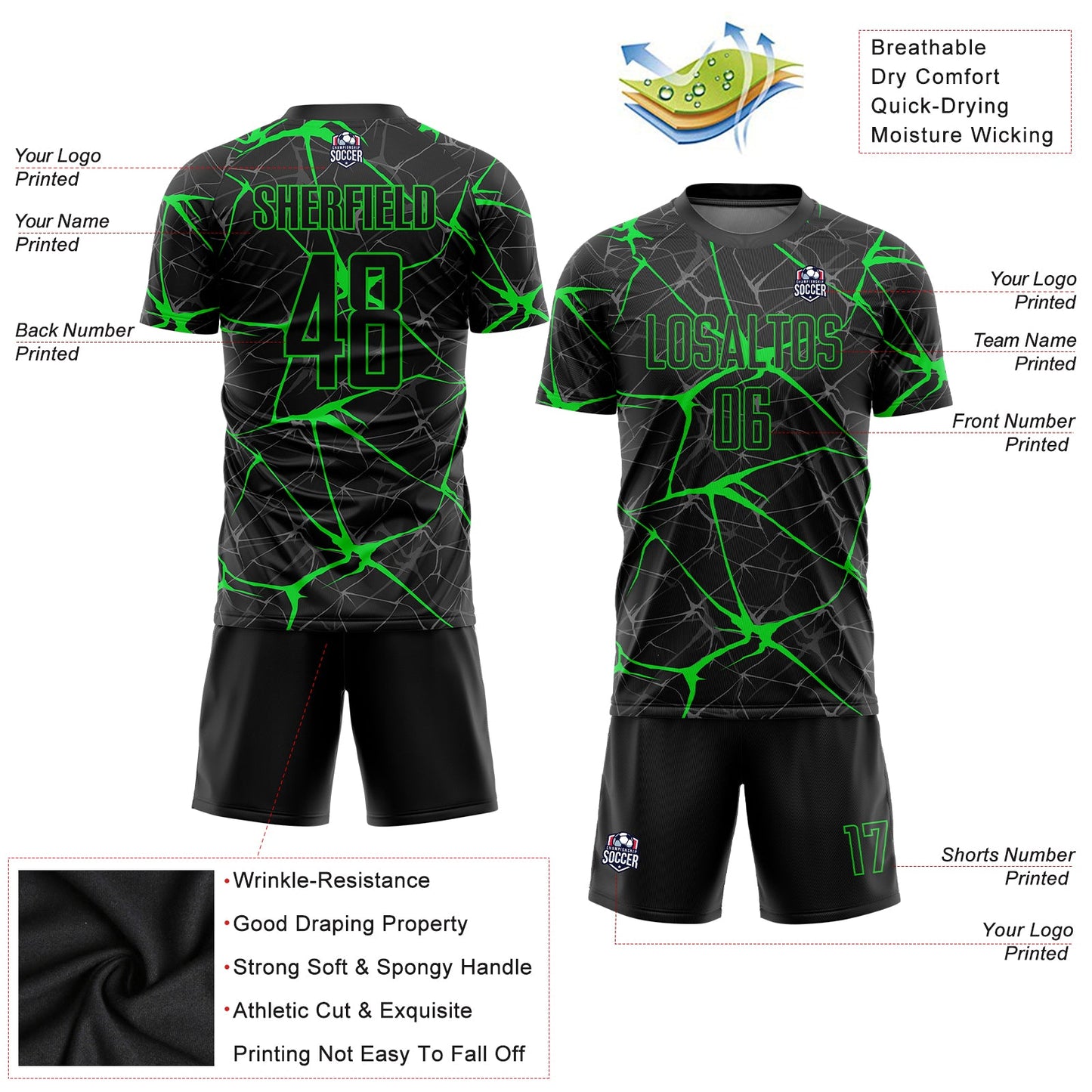 Custom Black Neon Green Sublimation Soccer Uniform Jersey view 5