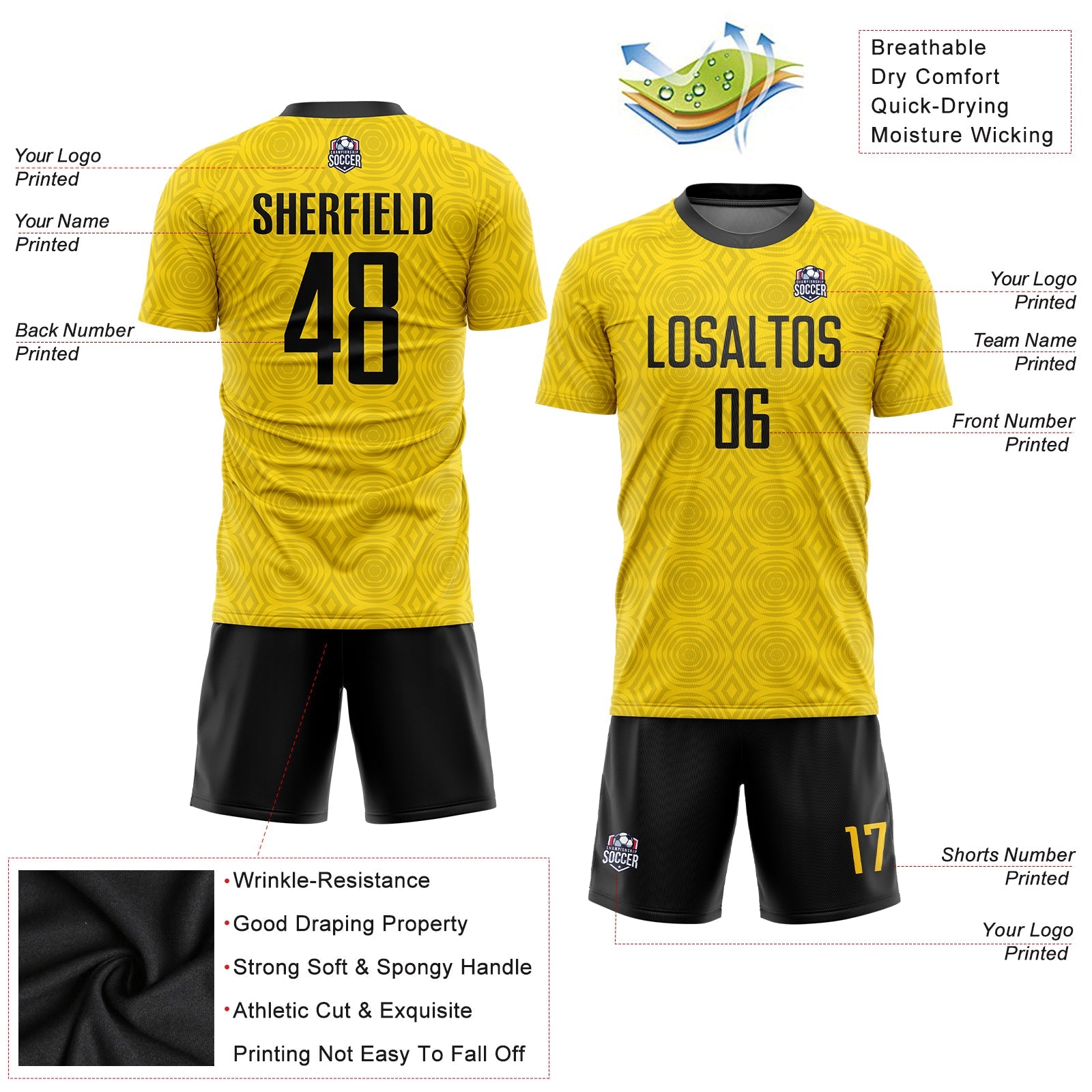 Custom Gold Black Sublimation Soccer Uniform Jersey view 5