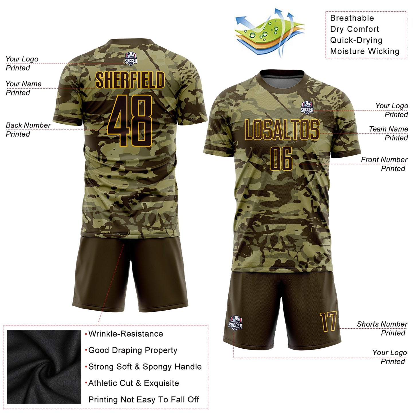 Custom Camo Brown-Gold Sublimation Salute To Service Soccer Uniform Jersey view 6