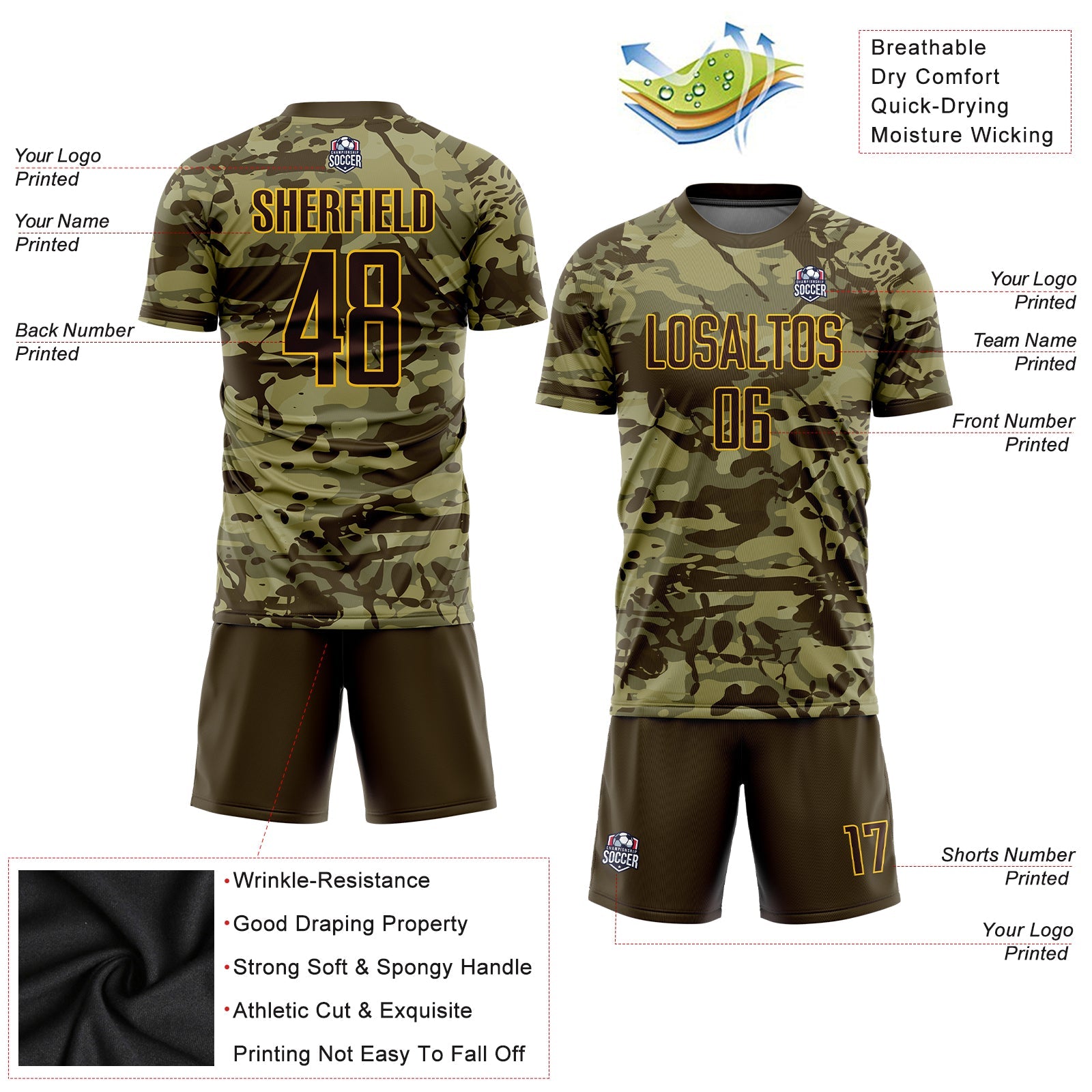 Custom Camo Brown-Gold Sublimation Salute To Service Soccer Uniform Jersey view 6