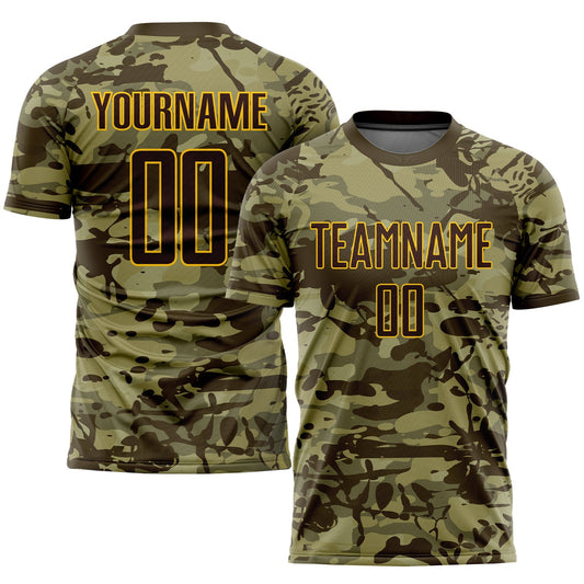 Custom Camo Brown-Gold Sublimation Salute To Service Soccer Uniform Jersey - Main View