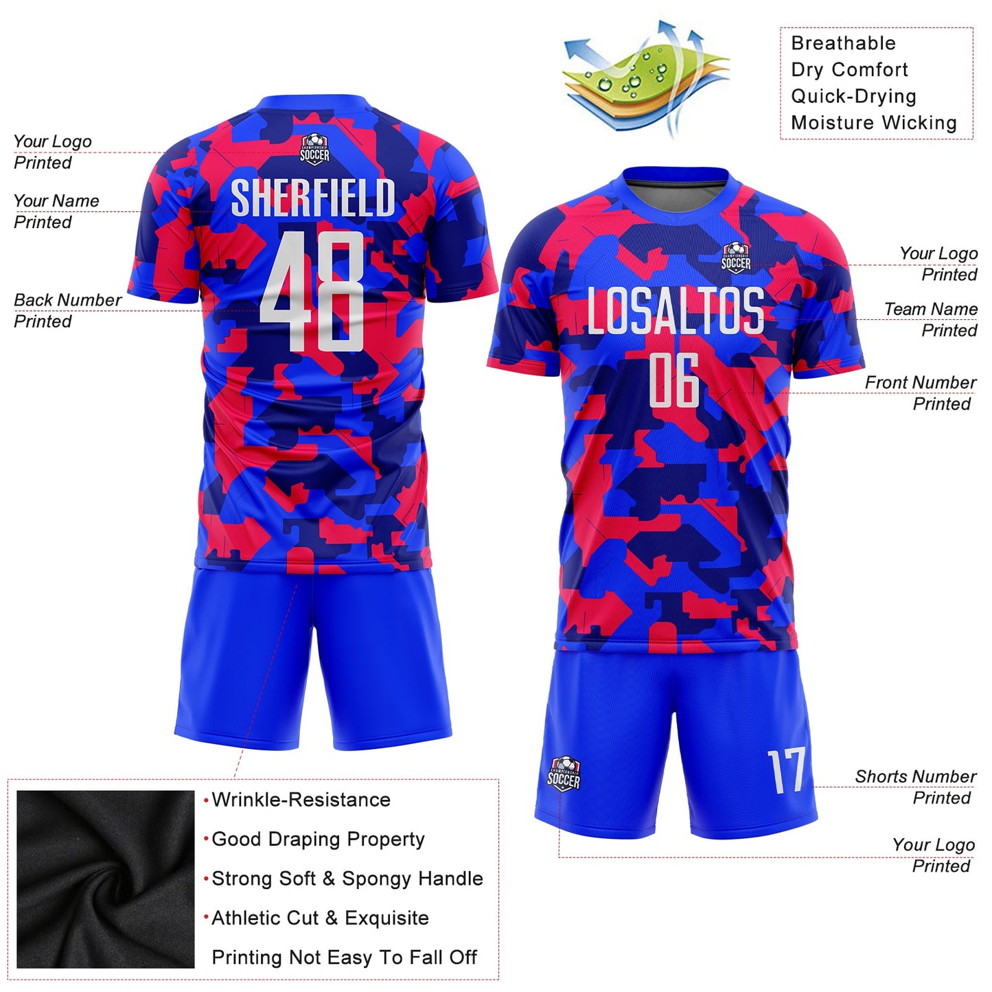 Custom Camo White-Royal Sublimation Salute To Service Soccer Uniform Jersey view 3