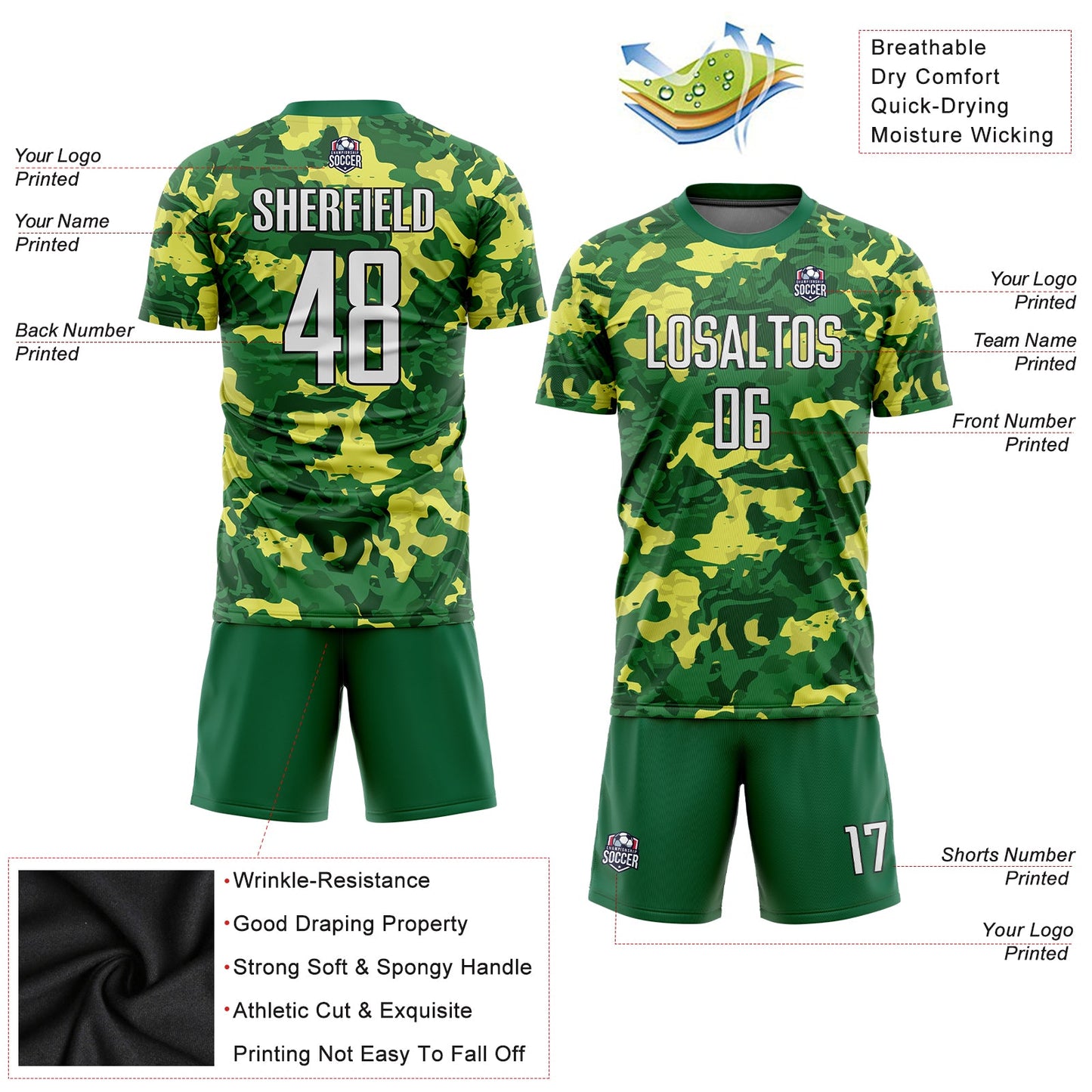 Custom Camo White-Kelly Green Sublimation Salute To Service Soccer Uniform Jersey view 3