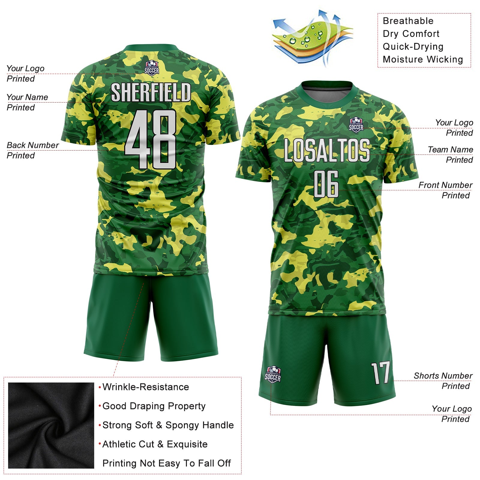 Custom Camo White-Kelly Green Sublimation Salute To Service Soccer Uniform Jersey view 3
