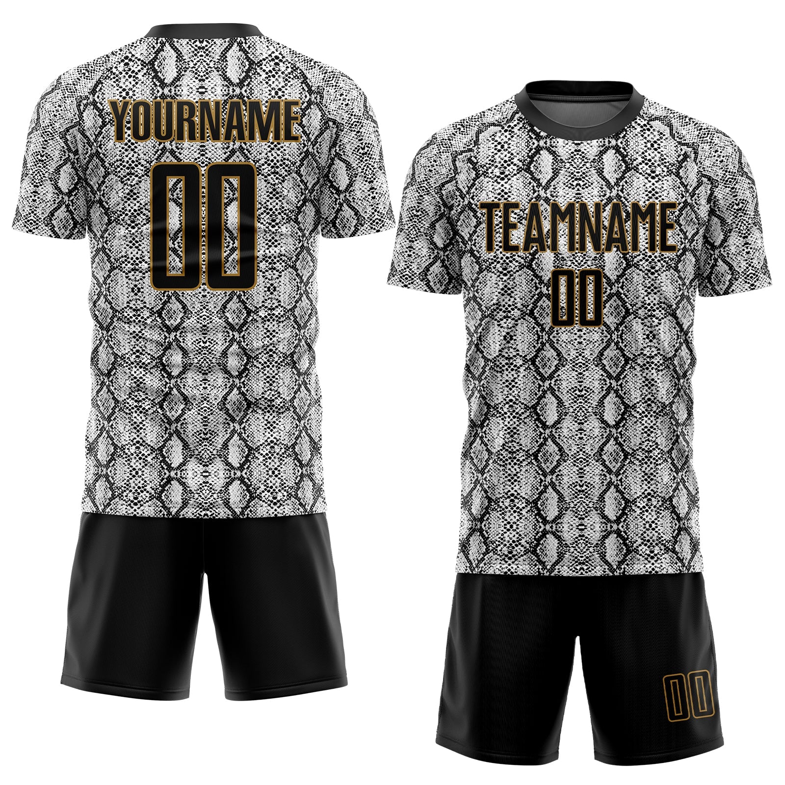Custom Black Black-Old Gold Sublimation Snakeskin Soccer Uniform Jersey view 2