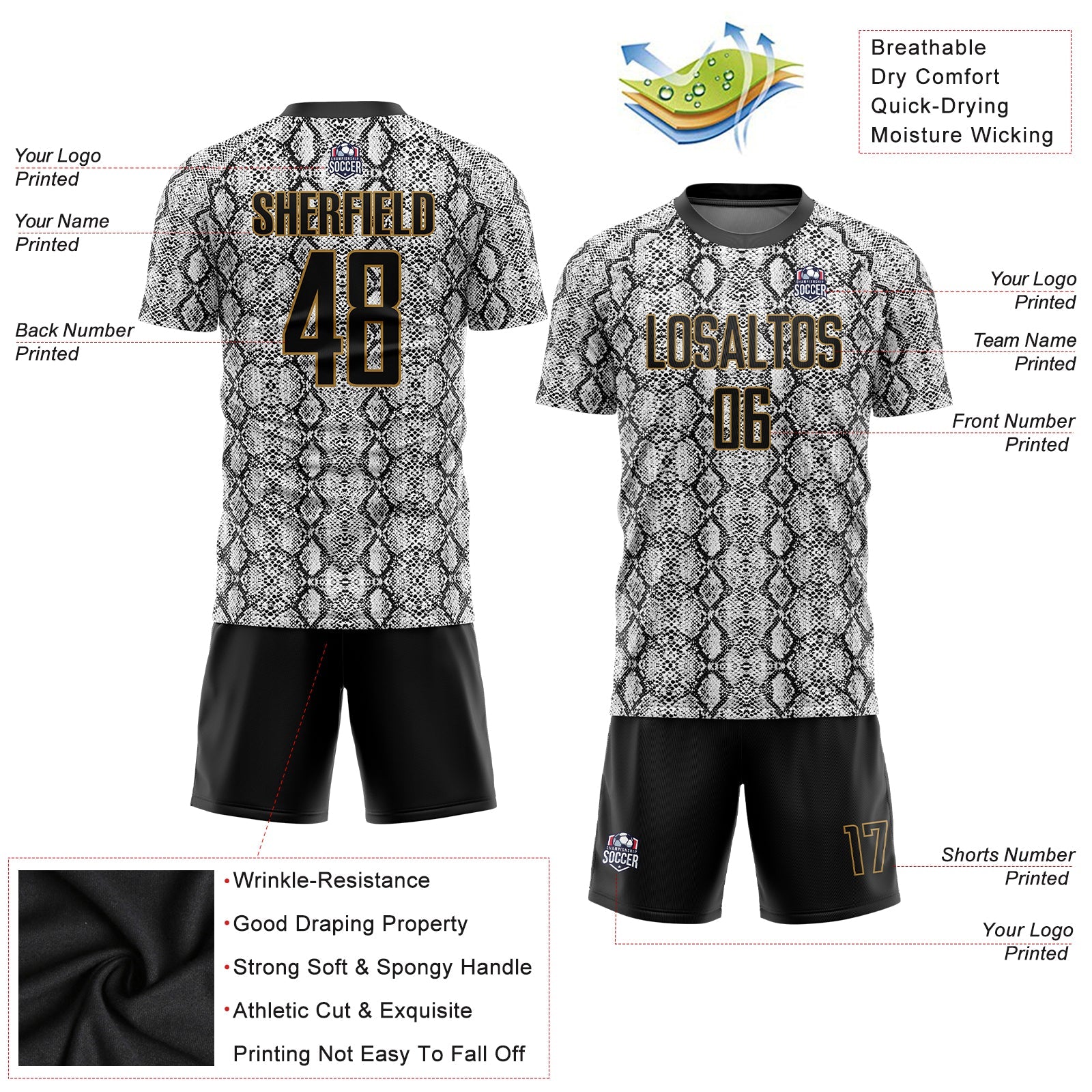 Custom Black Black-Old Gold Sublimation Snakeskin Soccer Uniform Jersey view 3