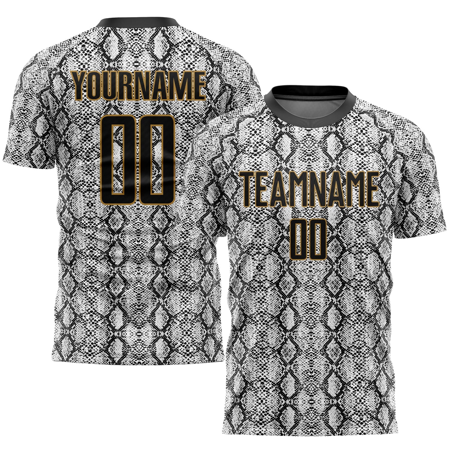 Custom Black Black-Old Gold Sublimation Snakeskin Soccer Uniform Jersey - Main View