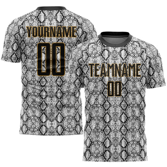 Custom Black Black-Old Gold Sublimation Snakeskin Soccer Uniform Jersey - Main View