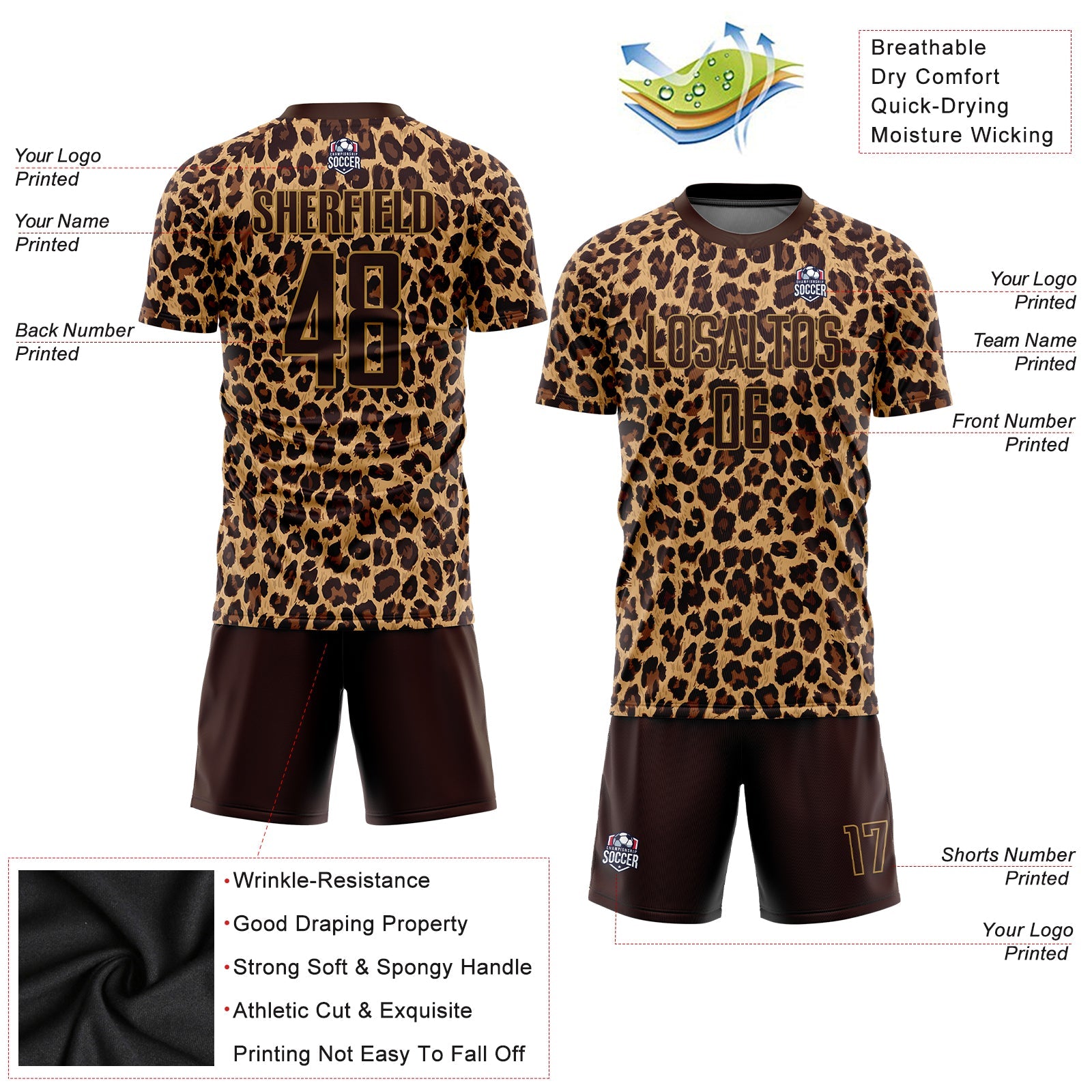 Custom Brown Brown-Old Gold Sublimation Leopard Soccer Uniform Jersey view 5