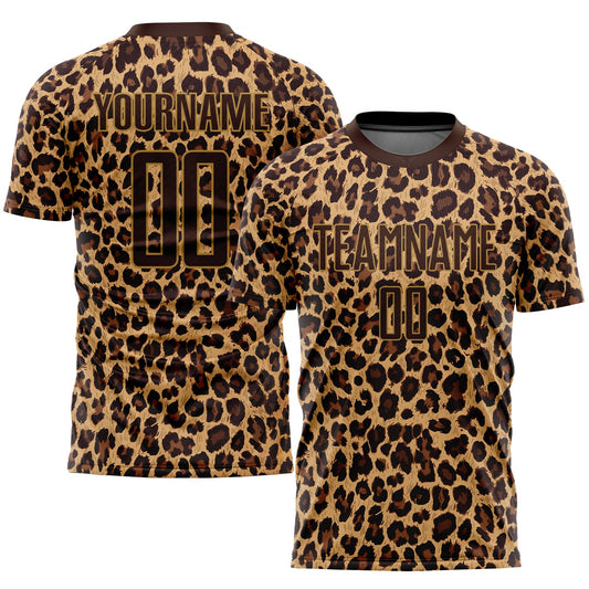 Custom Brown Brown-Old Gold Sublimation Leopard Soccer Uniform Jersey - Main View