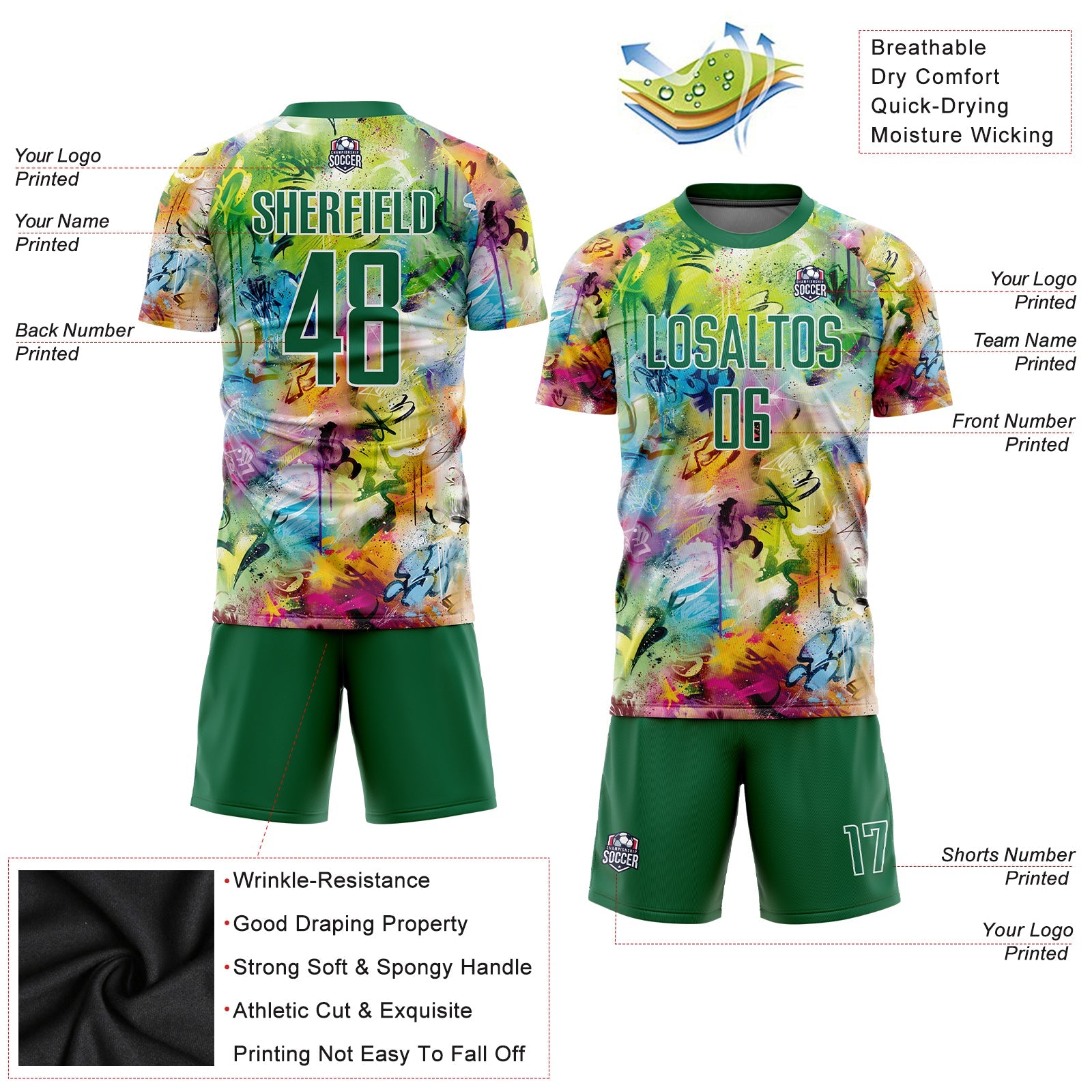 Custom Graffiti Pattern Kelly Green-White Sublimation Soccer Uniform Jersey view 3
