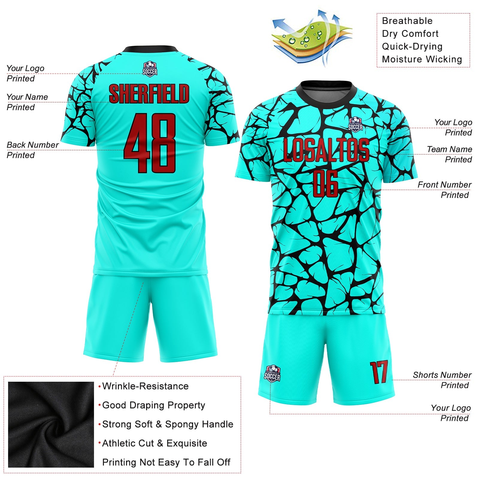Custom Aqua Red-Black Sublimation Soccer Uniform Jersey view 5