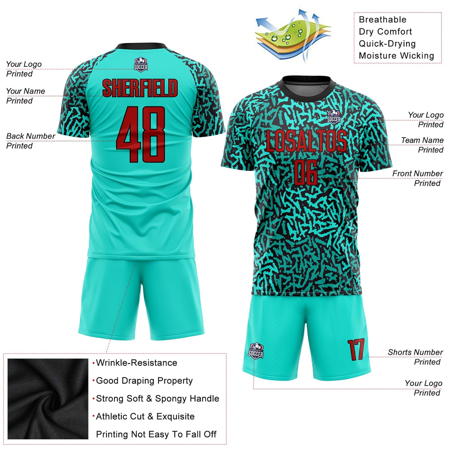 Custom Aqua Red-Black Sublimation Soccer Uniform Jersey view 3