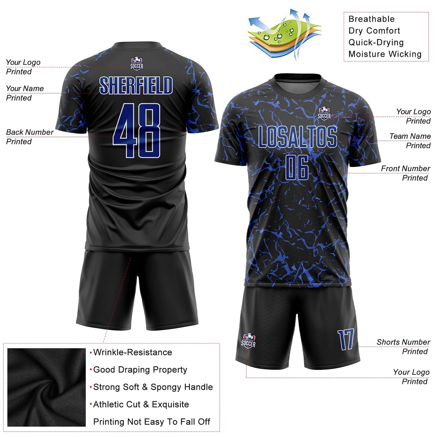 Custom Black Royal-White Sublimation Soccer Uniform Jersey view 3