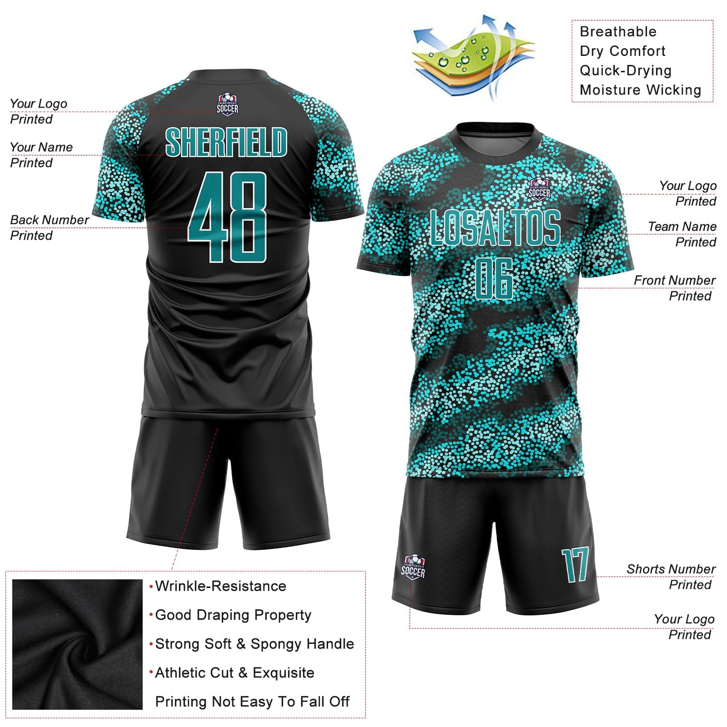 Custom Teal Teal-Black Sublimation Soccer Uniform Jersey view 3