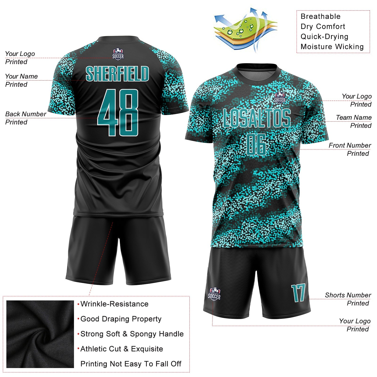 Custom Teal Teal-Black Sublimation Soccer Uniform Jersey view 3