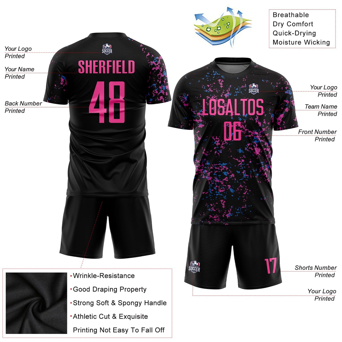 Custom Black Pink-Light Blue Sublimation Soccer Uniform Jersey view 6