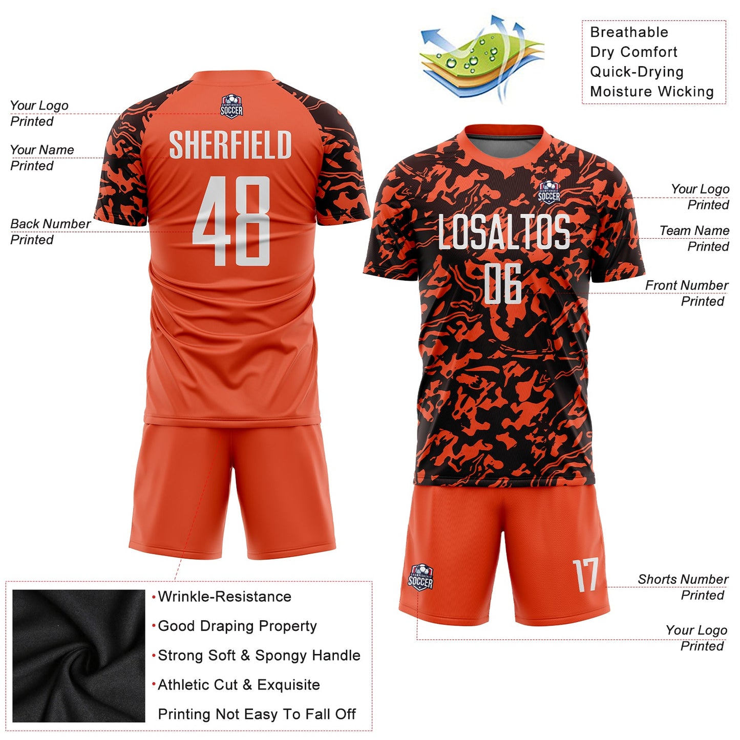 Custom Orange White-Black Sublimation Soccer Uniform Jersey view 5